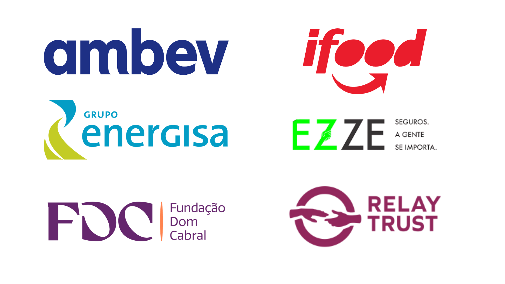 B2B partner logos: Ambev, iFood, Grupo Energisa, Ezze Seguros, Fundação Dom Cabral and Relay Trust